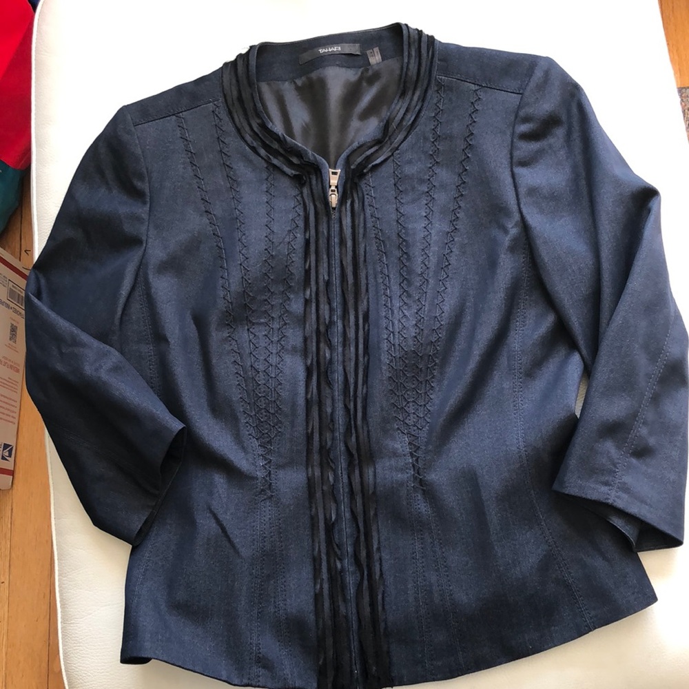 Tahari zip front jacket blue denim/black satin trim jacket